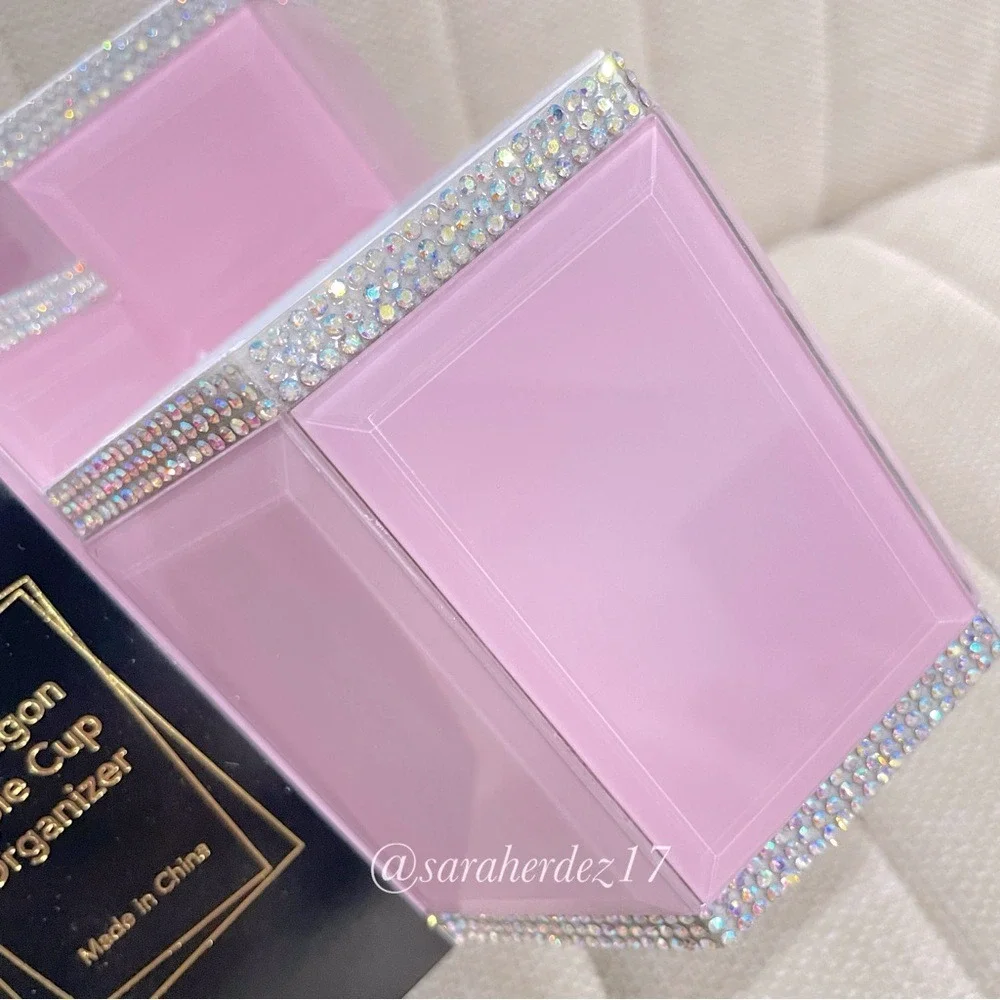 NEW Octagon Triple Cup Organizer Pink Rhinestone Makeup Brush Holder Vanity Desk